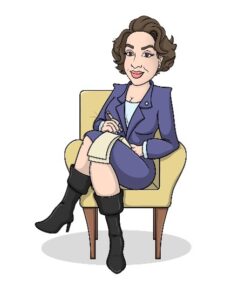 well-dressed professional person presenting as a woman sitting in an armchair