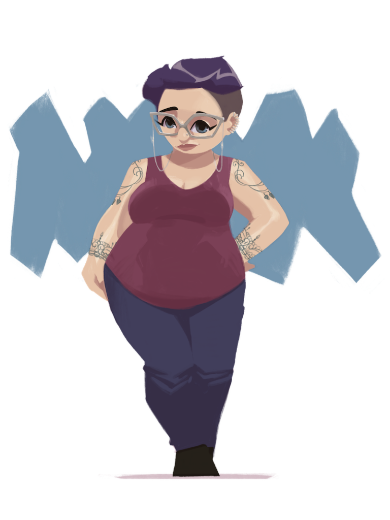 Illustration of woman in glasses with purple hair wearing a tank top and tattoos