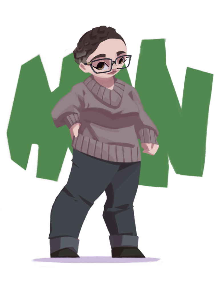 Illustration of standing woman wearing glasses and sweater